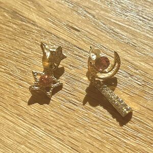 Gold Star and Moon Earrings with Pink Crystals